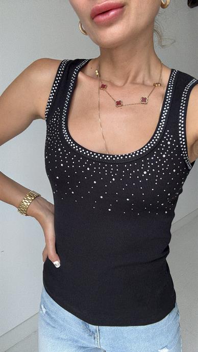 Havuz Yaka Taş Baskılı Siyah Atlet