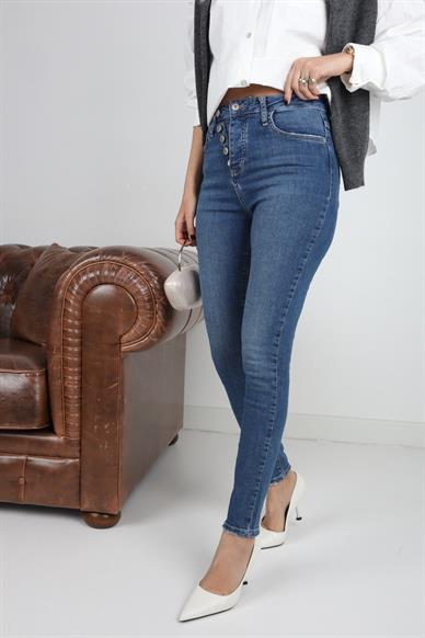 High Rise Mavi Düğme Detay Full Likralı Skiny Jean