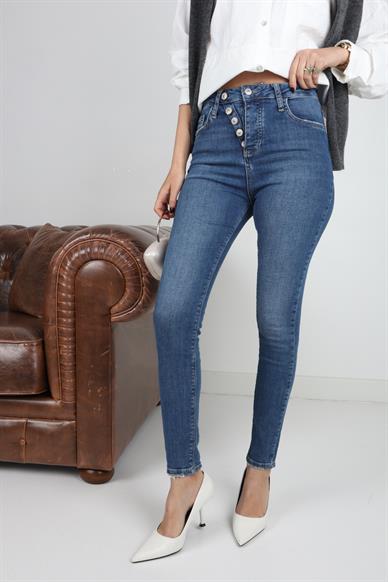 High Rise Mavi Düğme Detay Full Likralı Skiny Jean