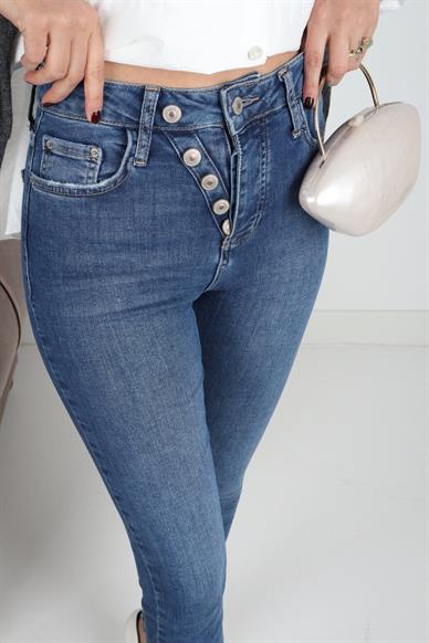 High Rise Mavi Düğme Detay Full Likralı Skiny Jean