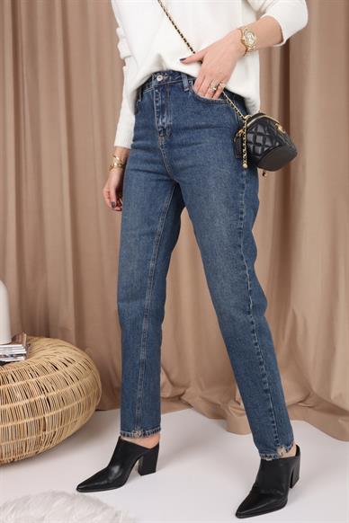 High Rise Paça Yırtık Likralı Mom Jean