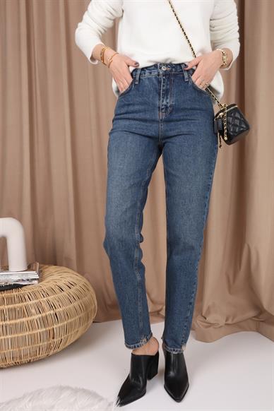 High Rise Paça Yırtık Likralı Mom Jean