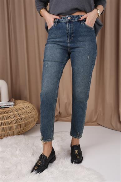 High Rise Tırnak Detaylı Likralı Mom Jean
