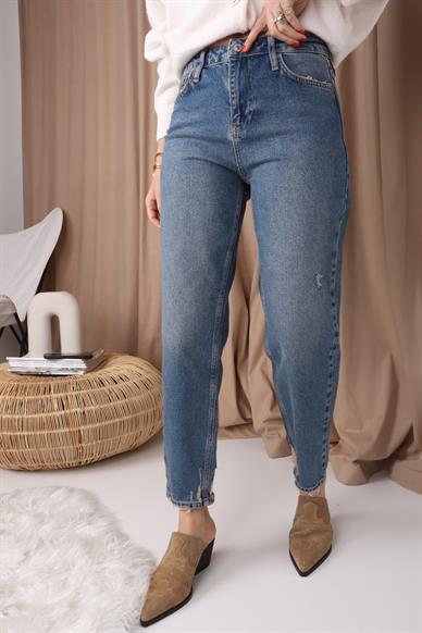 High Rise Yıkamalı Likrasız Mom Jean