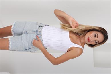 İnce Askılı Taş Baskılı Beyaz Fitilli Atlet