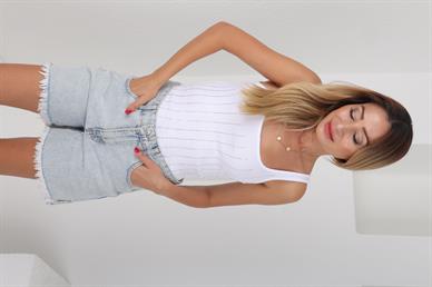 İnce Askılı Taş Baskılı Beyaz Fitilli Atlet