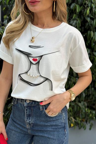 İncili Kadın Baskılı Ekru Tshirt