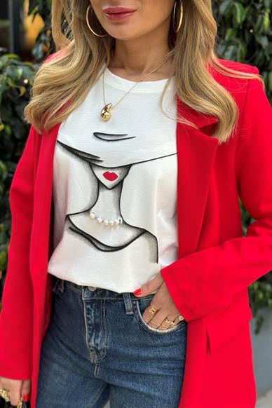 İncili Kadın Baskılı Ekru Tshirt