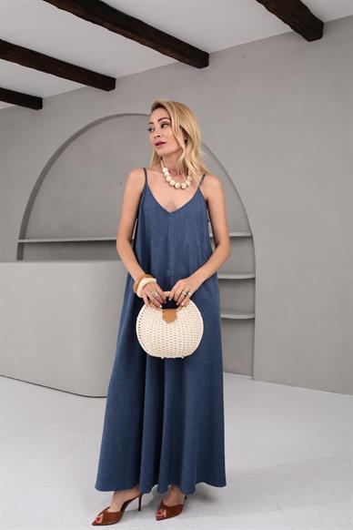 İp Askı V Yaka İnce Denim Elbise
