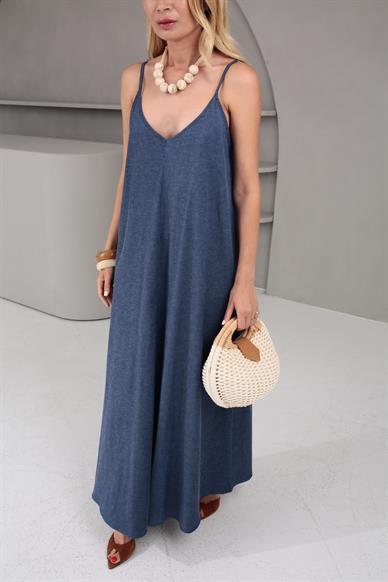 İp Askı V Yaka İnce Denim Elbise