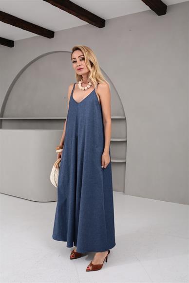 İp Askı V Yaka İnce Denim Elbise