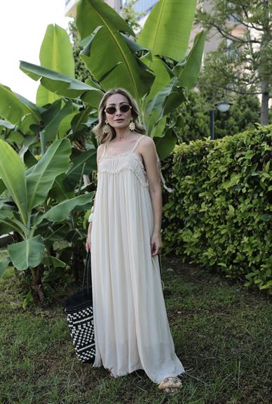 İp Askılı Astarlı Krem Kraşlı Keten Elbise