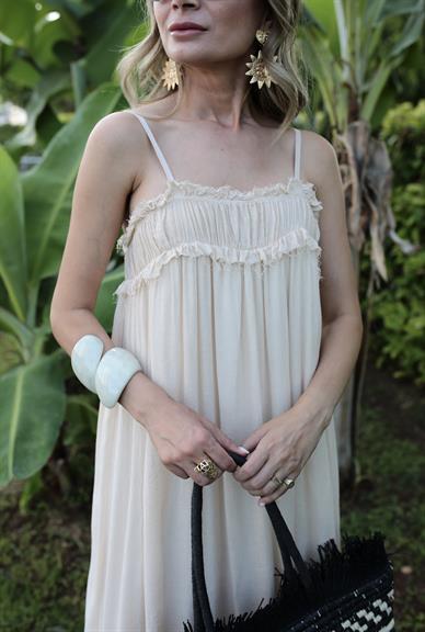 İp Askılı Astarlı Krem Kraşlı Keten Elbise