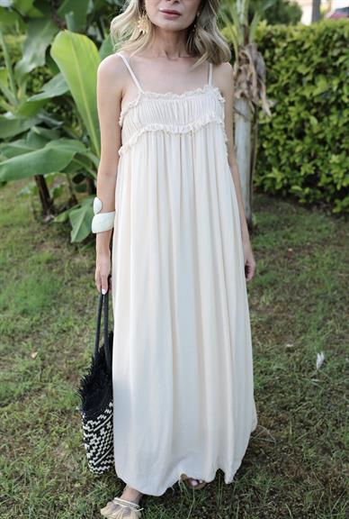 İp Askılı Astarlı Krem Kraşlı Keten Elbise