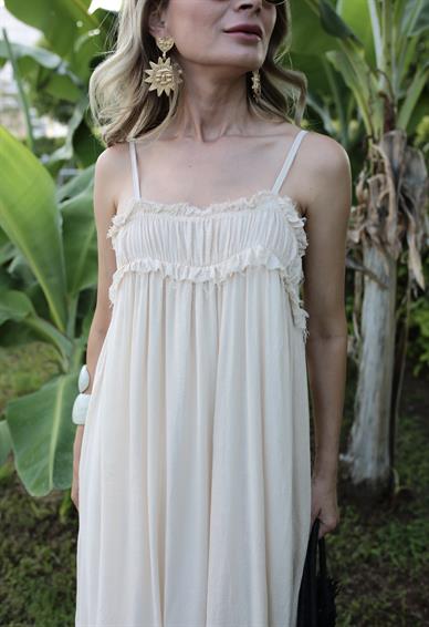 İp Askılı Astarlı Krem Kraşlı Keten Elbise