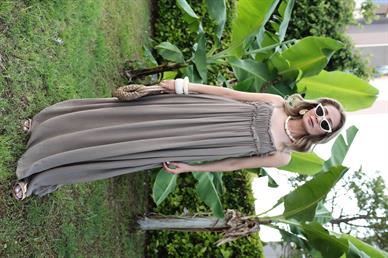 İp Askılı Astarlı Vizon Kraşlı Keten Elbise