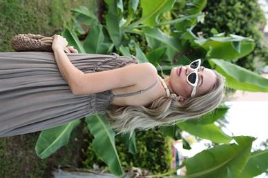 İp Askılı Astarlı Vizon Kraşlı Keten Elbise