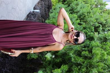 İp Askılı Bordo Keten Uzun Elbise