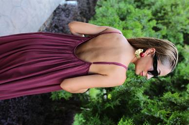 İp Askılı Bordo Keten Uzun Elbise