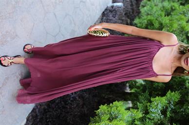 İp Askılı Bordo Keten Uzun Elbise