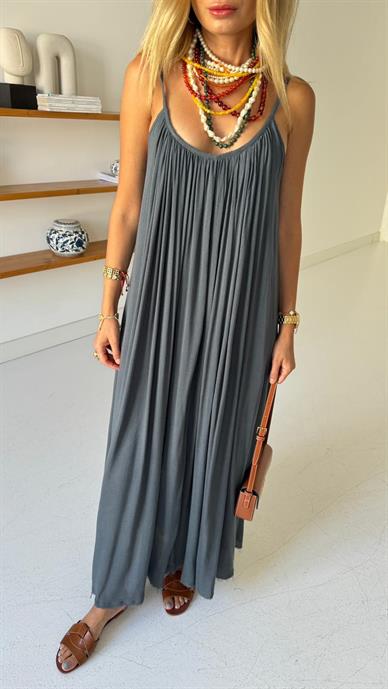 İp Askılı Füme Keten Elbise