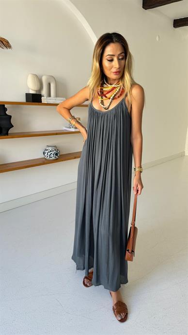 İp Askılı Füme Keten Elbise