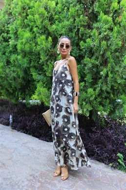 İp Askılı Kahve Desenli Astarlı Elbise