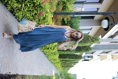 İp Askılı Lacivert Keten Uzun Elbise