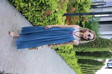 İp Askılı Lacivert Keten Uzun Elbise