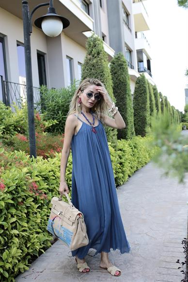 İp Askılı Lacivert Keten Uzun Elbise