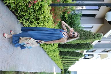 İp Askılı Lacivert Keten Uzun Elbise