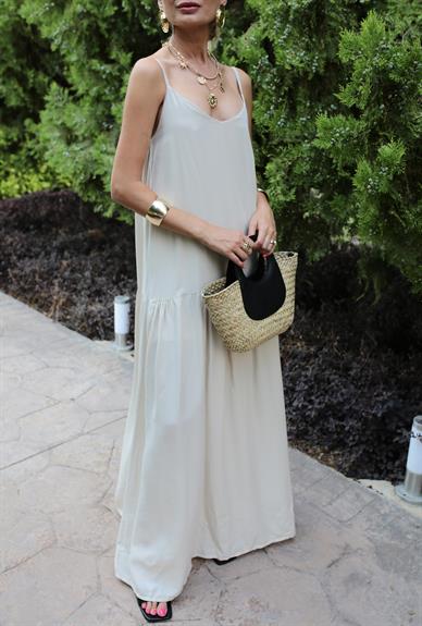 İp Askılı Naturel Katlı Elbise