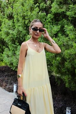 İp Askılı Sarı Katlı Elbise