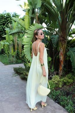 İp Askılı Sarı Keten Uzun Elbise