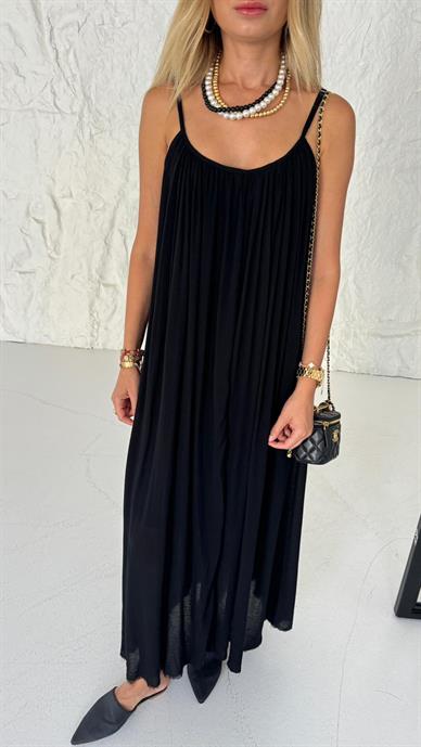 İp Askılı Siyah Keten Elbise