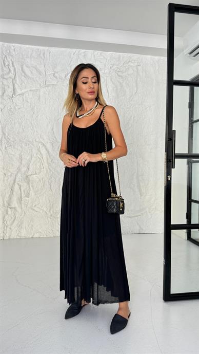 İp Askılı Siyah Keten Elbise