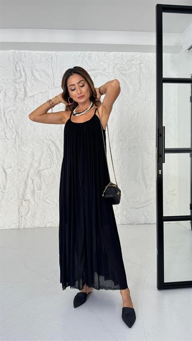 İp Askılı Siyah Keten Elbise