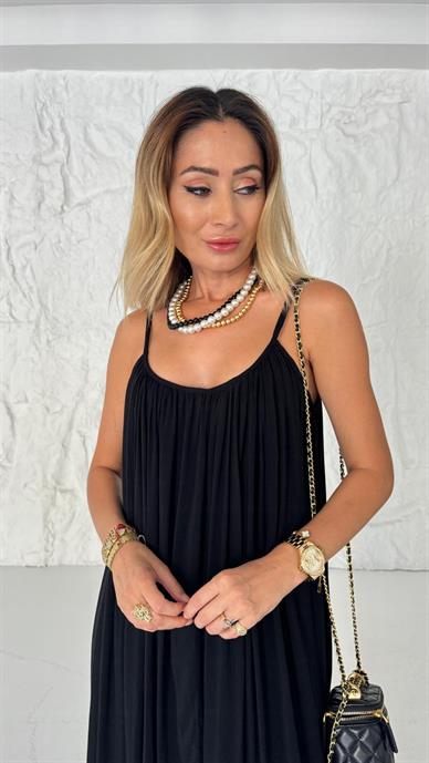 İp Askılı Siyah Keten Elbise