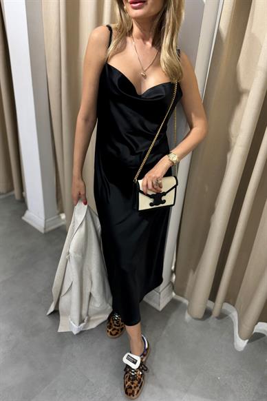 İp Askılı Siyah Saten Elbise