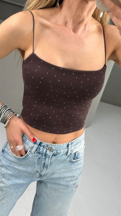 İp Askılı Taş Baskılı Kahve Crop