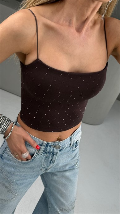 İp Askılı Taş Baskılı Kahve Crop