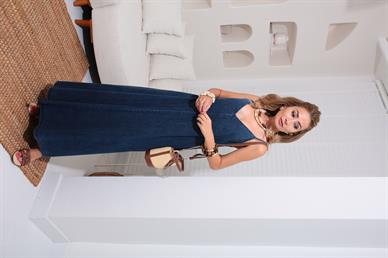 İp Askılı Uzun Denim Elbise