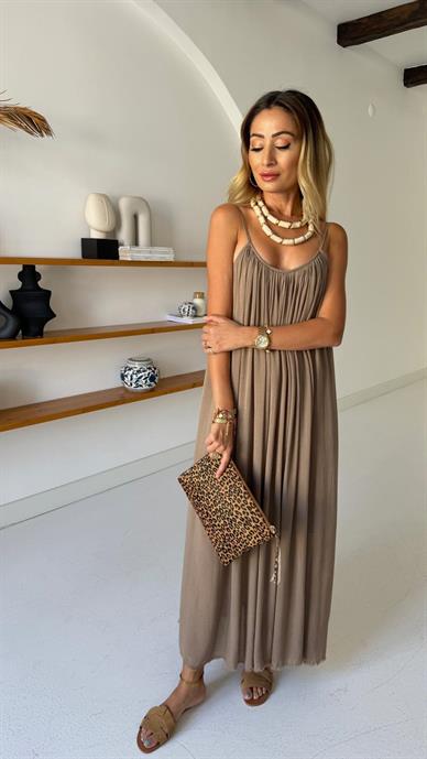 İp Askılı Vizon Keten Elbise