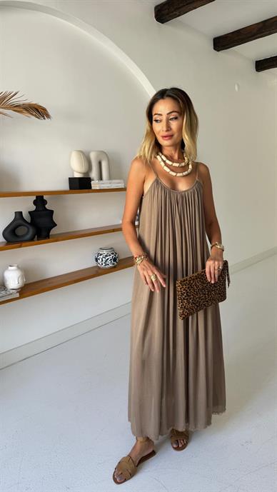 İp Askılı Vizon Keten Elbise