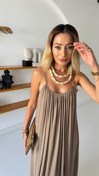 İp Askılı Vizon Keten Elbise