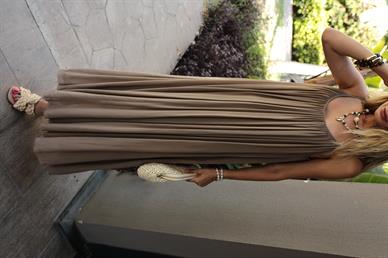 İp Askılı Vizon Keten Uzun Elbise