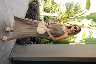 İp Askılı Vizon Keten Uzun Elbise