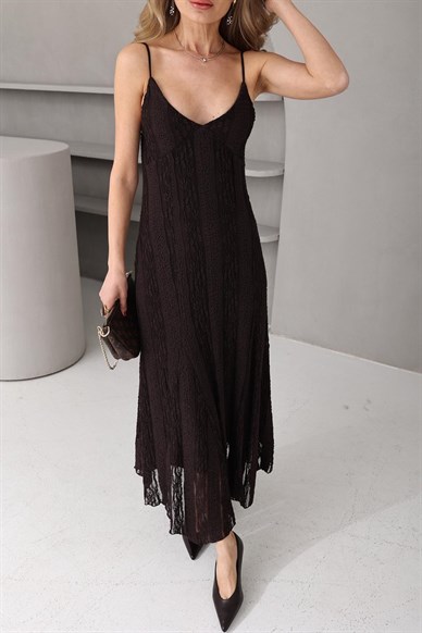 Kahve Askılı Dantel Elbise