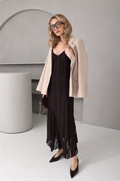 Kahve Askılı Dantel Elbise