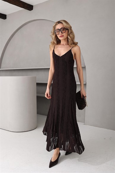 Kahve Askılı Dantel Elbise
